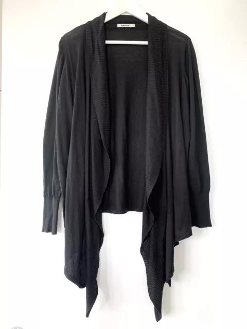 DKNY Black Cardigan Seamless Waterfall Open Silk Cotton Mix Size Long Sleeve S/M