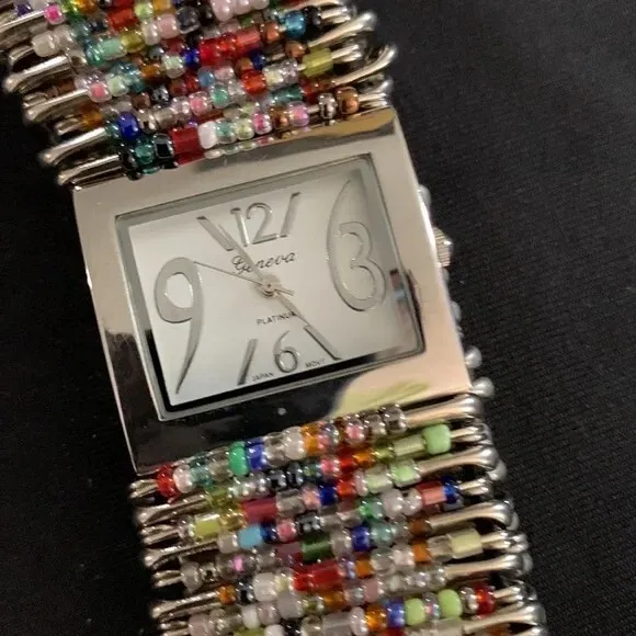 Artisan Silver Tone Safety Pin Band Glass Multi Color Bead Stretch Watch