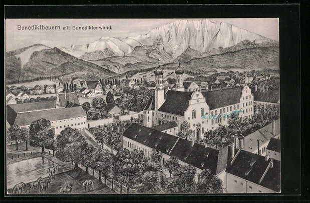 Künstler-AK Benediktbeuern, Ortsansicht mit Benediktenwand 1916