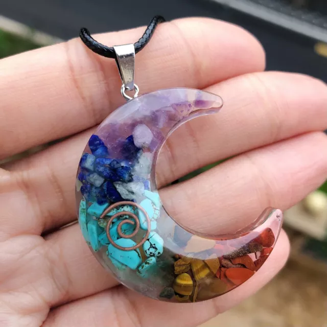 1pcs 7 Charka Stone Orgonite Moon Necklace Energy Chakra Reiki Healing Amulet
