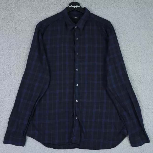 Theory Shirt Mens Large Black Blue Tartan Plaid Benner Button Up Long Sleeve