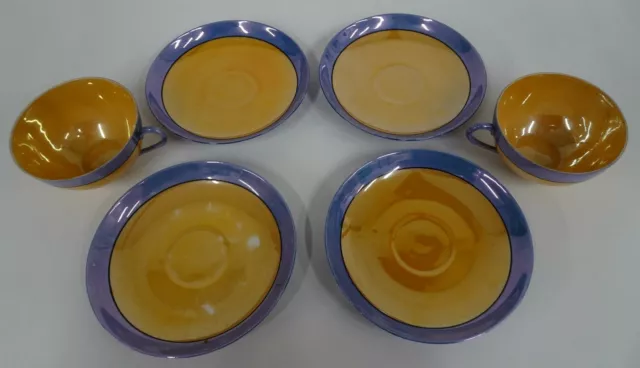 Set 6 Pieces Matching Blue Gold Japanese Meito Lusterware 2 Cups 4 Saucers