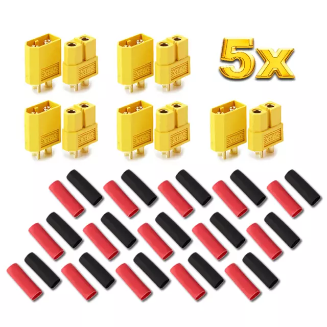 5 Paare 10 Stück XT60 Nylon Lipo Akku Stecker Buchse inkl. Schrumpfschlauch 60A