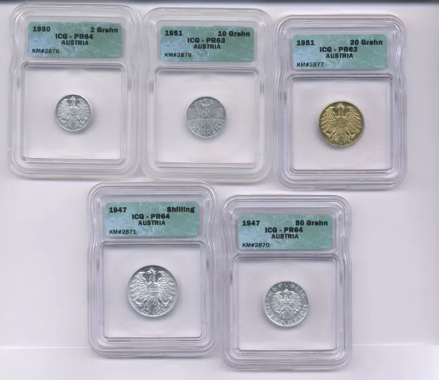 Austria Certified Icg Choice Proofs: 1951 10 & 20 Groschen, 1947 Schilling, 1947 2