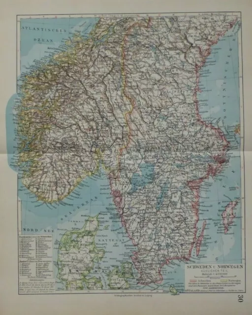 Landkarte von Schweden und Norwegen, südl. Teil, Skagerrak, Meyer Leipzig 1928