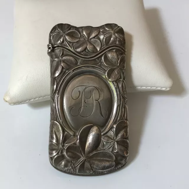 Antique Sterling Silver Shamrocks Embossed Vesta/Match Case with Monogram
