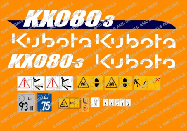 Kubota KX080-3 Mini Digger Autocollant Completes avec Sécurité Warning Enseignes