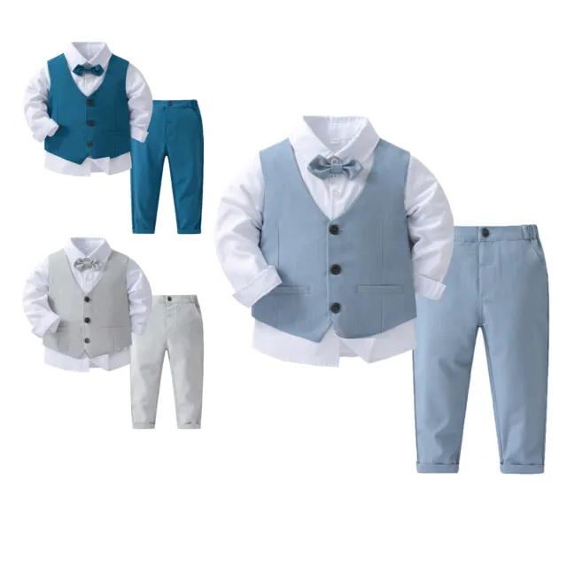 Kids Boys Formal Gentleman Suit Long Sleeve Shirt Pants with Bowtie Vest Sets