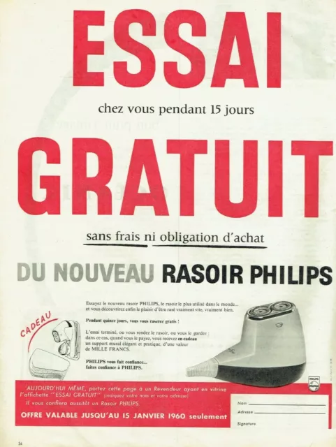 Publicité Advertising 0122  1959  le nouveau rasoir Philips  essai gratuit