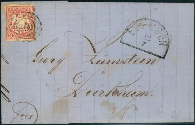 Bayern; "880" ESSINGEN,  OMR klar nebst Segment auf Faltbrief 3 Kr. Wappen 1867
