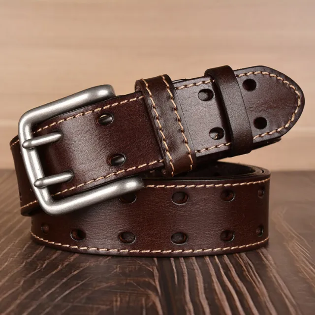 Men Retro Heavy Duty Double Prong Belt Genuine Leather Work Belts for Jeans Belt