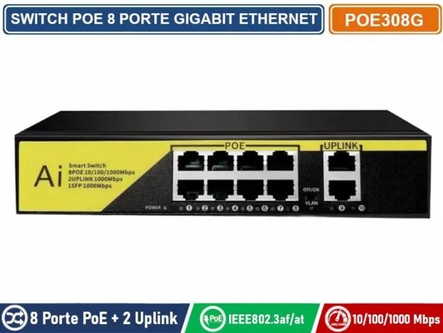 Switch Poe Gigabit Ethernet 10 Porte 8 Porte Poe + 2 Porte Uplink Rj45 1000 Mbps