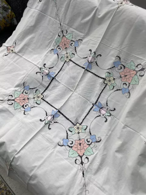 Vintage Tablecloth Linen Maderia style Pastel Scalloped edge  48 inc square
