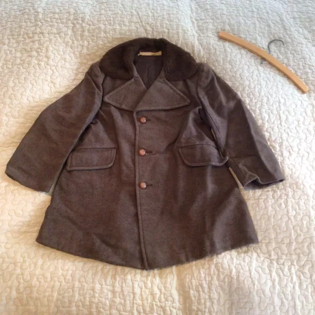 Cappotto collare vintage unisex Robins Of London anni '50/60 lana marrone pelliccia sintetica 4/5 anni
