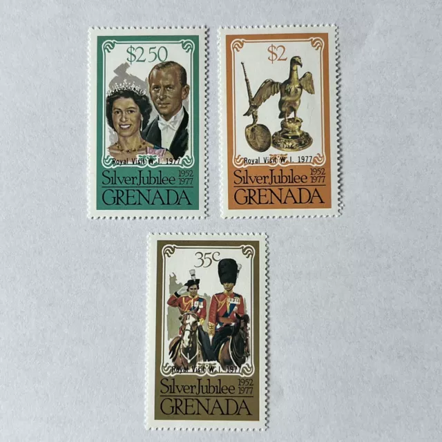 Queen Elizabeth Ii Royal Visit 1977 Silver Jubilee Grenada Lot Of 3 Mnh Stamps