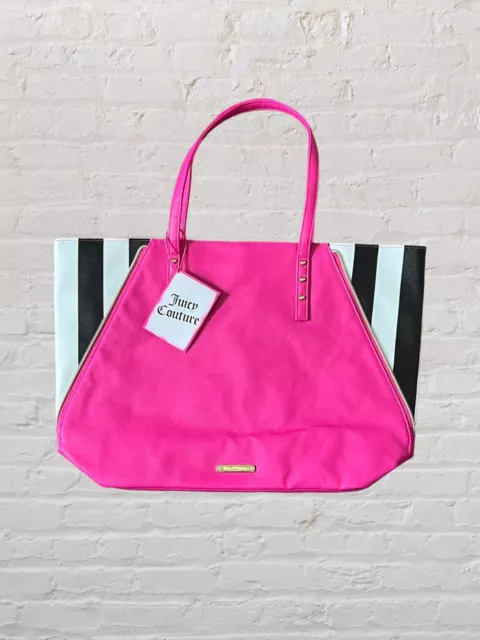 Juicy Couture Tote Bag Barbiecore Pink Black White Stripe Snap Closure Travel