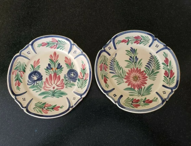 2 Rare Vintage Henriot Quimper France  Plates Flower Fleuri Rose Blue Fleur