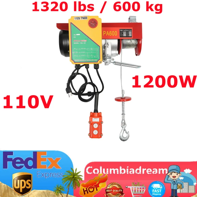 PA600 Electric Cable Hoist Crane Winch Garage Lift Wired/Wireless Remote Control
