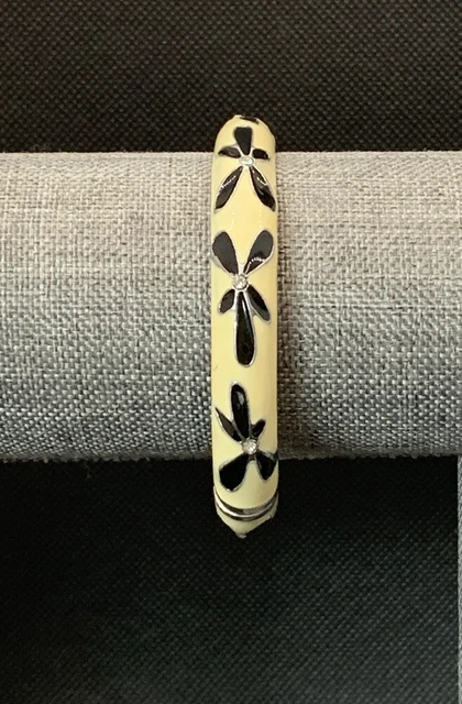 Black White Flower Enamel Bangle Hinged Bracelet