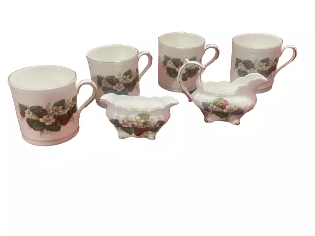 Hammersley "Strawberry Ripe" Fine Bone China 4 Mugs, Creamer, & Sugar