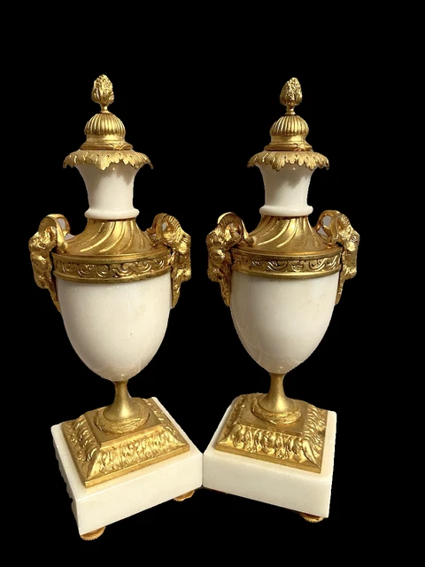 20th Ct French Louis XVI Pair of Two Marble Vases / Coupes With Gilded Bronze