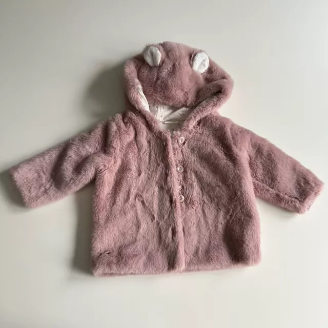 Next Baby Girl Pink Fluffy Hooded Jacket Size 9-12 Months