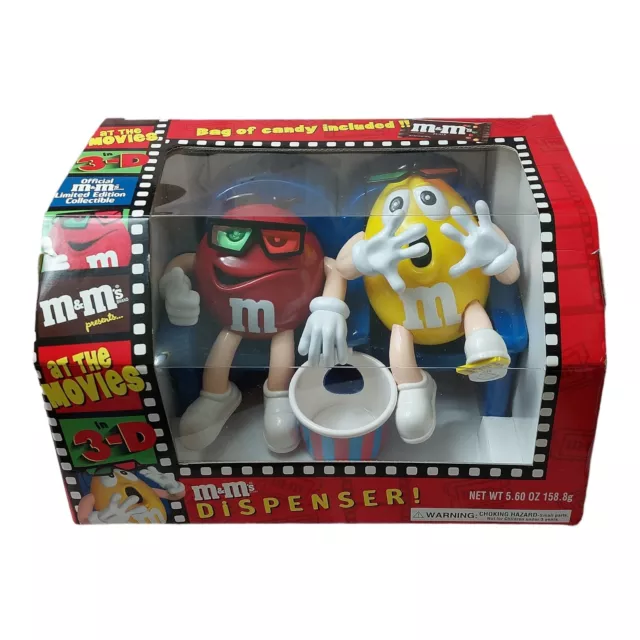 M&M Collectible Candy Dispenser 3D Movie Theater Yellow Leg Lever Action Vintage