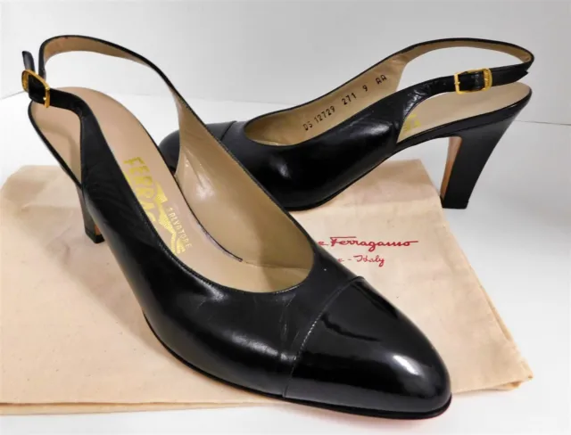 New Salvatore Ferragamo Black Leather Patent Toe Cap Slingback Heel Pumps 9 AA