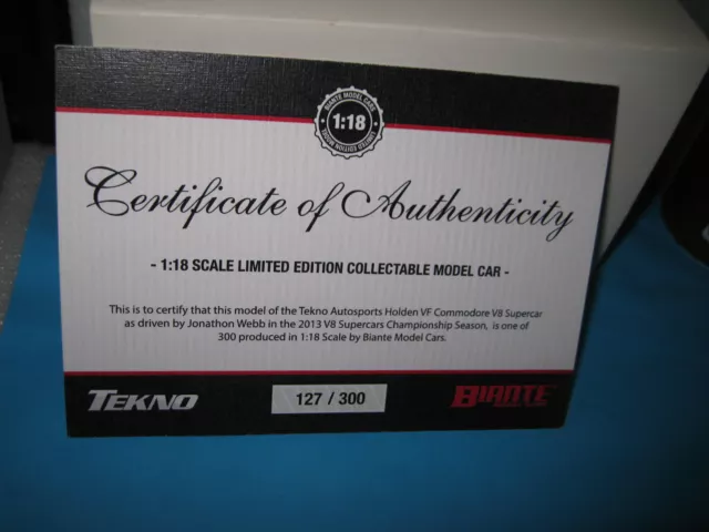 Biante 1/18 Coa Certificate Of Authenticity Only Vf Commodore 2013 Webb Tekno