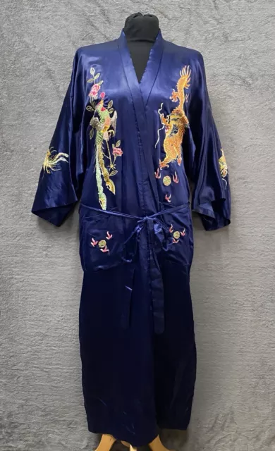 Vintage Blue Silk Kimono Asian Chinese Hand Embroidered Dragons Robe Coat