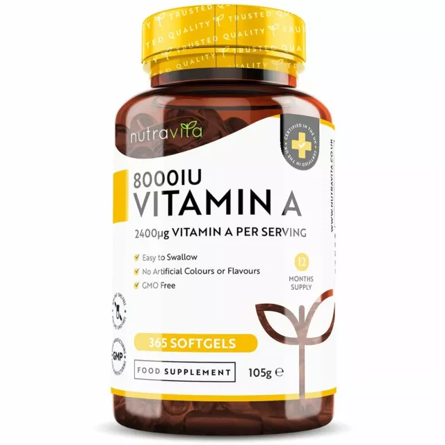 Vitamin A 8000IU High Strength 365 Softgel Capsules - Immune System, Eye & Skin