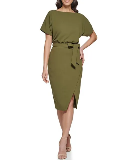 Kensie Faux Wrap Blouson Dress Size 6 Olive Green Textured Knit Belted NWT $98