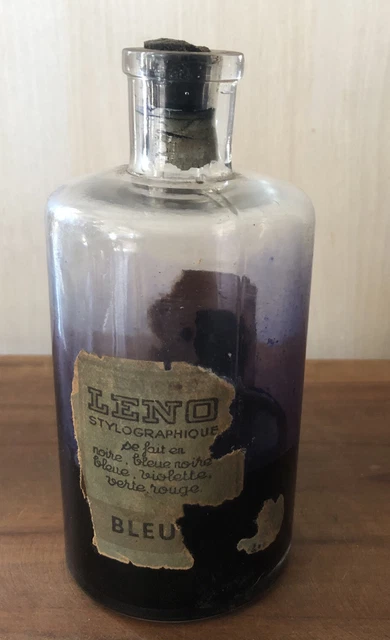 ANCIENNE BOUTEILLE D’ENCRE Stylo Plume Stylographique Leno Bleu 13 Cm