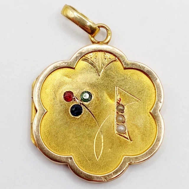Pendentif Porte-photo Antique Or 18k Circa 1900 - Décor Fleuri Avec Perles D'eau Douce