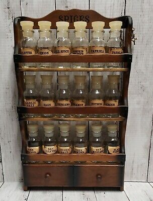 Vintage Wooden Spice Rack Cabinet with 18 jars