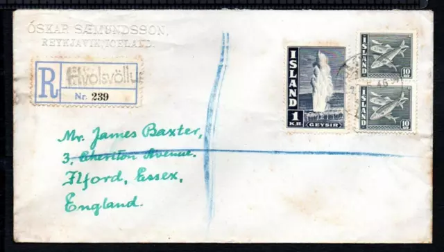 ICELAND 1946 Registered Cover to England