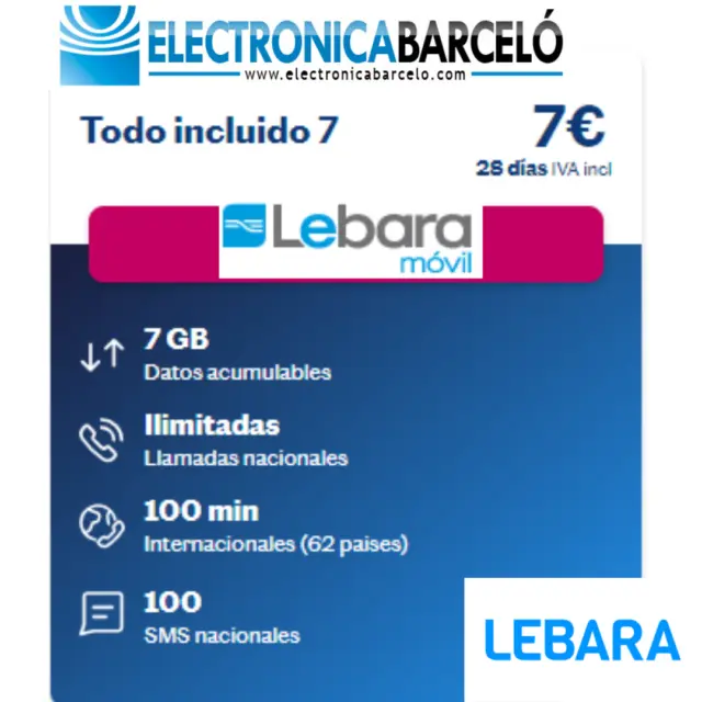 TARJETA SIM PREPAGO LEBARA CON 7GB + Ilimitadas nac. + 100 min internacionales