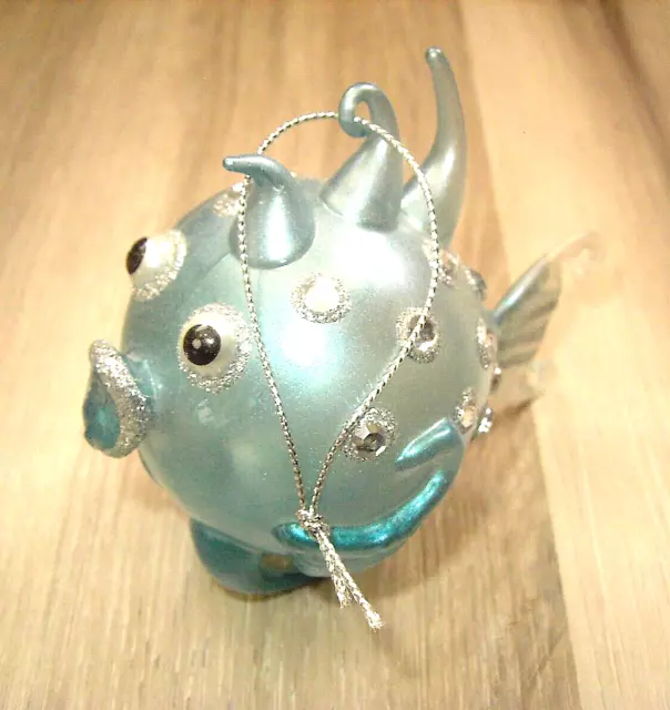 PIER ONE IMPORTS BLUE BLOW FISH Christmas ORNAMENT W/GLITTER Sequin SCALE EYES