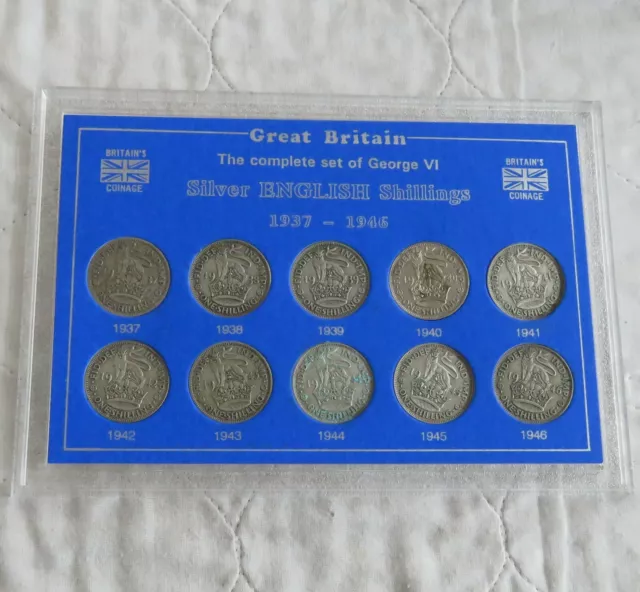 KGVI 1937 - 1946 10 COIN DATERUN SILVER ENGLISH SHILLING COLLECTION - complete