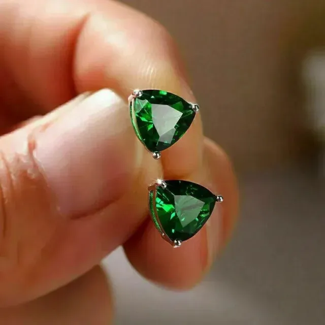 2Ct Trillion Cut Lab Created Emerald Diamond Stud Earrings 14K White Gold Plated
