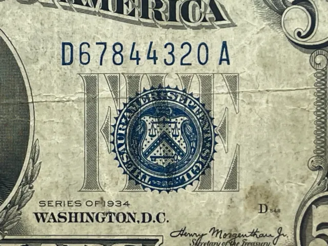 Series 1934 Silver Certificate Five Dollar D67844320A Boston Blue Seal