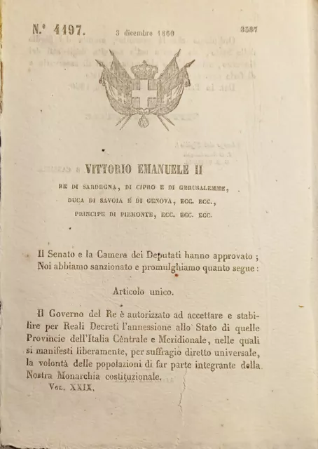 Decreto Eugenio - Volontà popolazioni di far parte integrante Monarchia - 1860