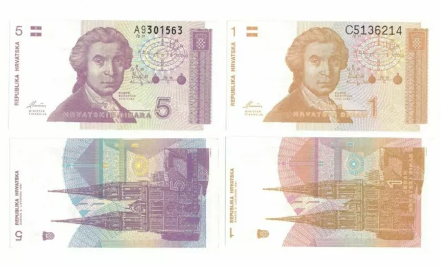 1991 Croatia 1 & 5 Dinara banknotes UNC P16  P17