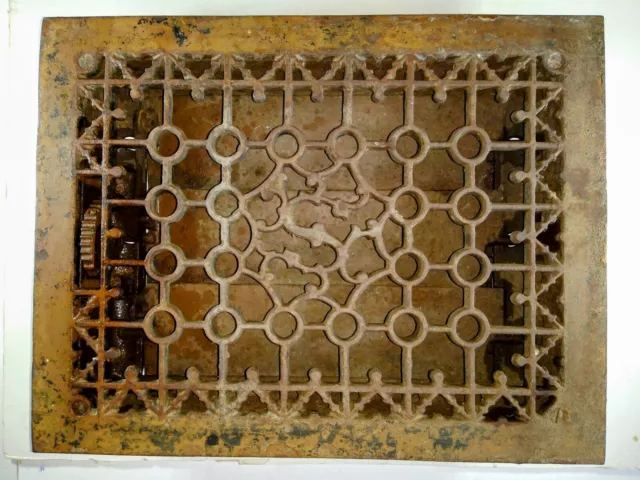 Antique Ornate Iron Floor Heat Register Grate w/ Louvers - 13 7/8x10 3/4"
