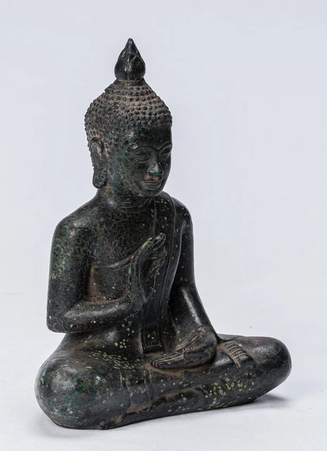 Buddha - Antique Khmer Style Seated Bronze Buddha Statue Teaching Mudra -22cm/9" 2