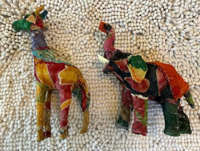 Vintage Safari Elephant Giraffe Figures Multicolor Patchwork Fabric Paper Mache