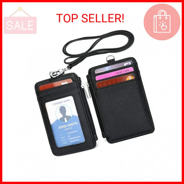Leamekor ID Badge Holder with Neck Lanyard PU Leather ID Badge Wallet Case with