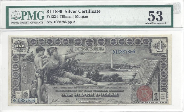 1896 Educational $1 Silver Certificate, PMG AU 53, About Uncirculated, FR #224