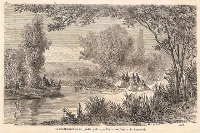 Budapest ? " Jardin Public " Dessin Lancelot Gravure Engraving 1864