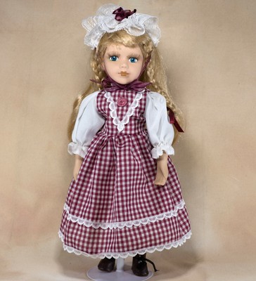 Collector's Porcelain Girl Doll 15" Blond hair Blue Eyes Checkered Dress